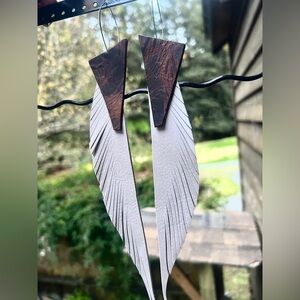 Feather Leather Drop Earrings Crocodile Accent Coachella Vibes NWT